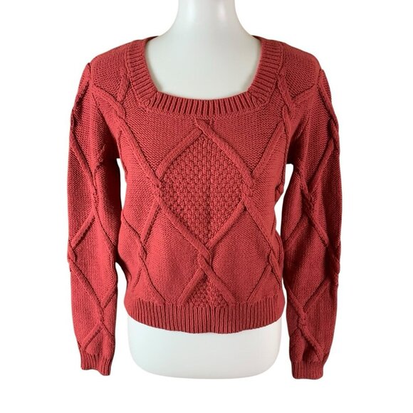 CAbi Sweaters - Cabi Red Cable Knit Sweater Diamond Pattern Pullover Cozy Cotton Blend Small